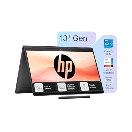HP Envy x360, 13th Gen Intel Core i5-1335U, 15.6-inch (39.6 cm) FHD,Creator Laptop,16GB LPDDR5, 512GB SSD, Intel Iris Xe Graphics, 5MP IR Camera, B&O, Pen (Win 11,MSO, Black, 2.14 kg), 15-fe0027TU